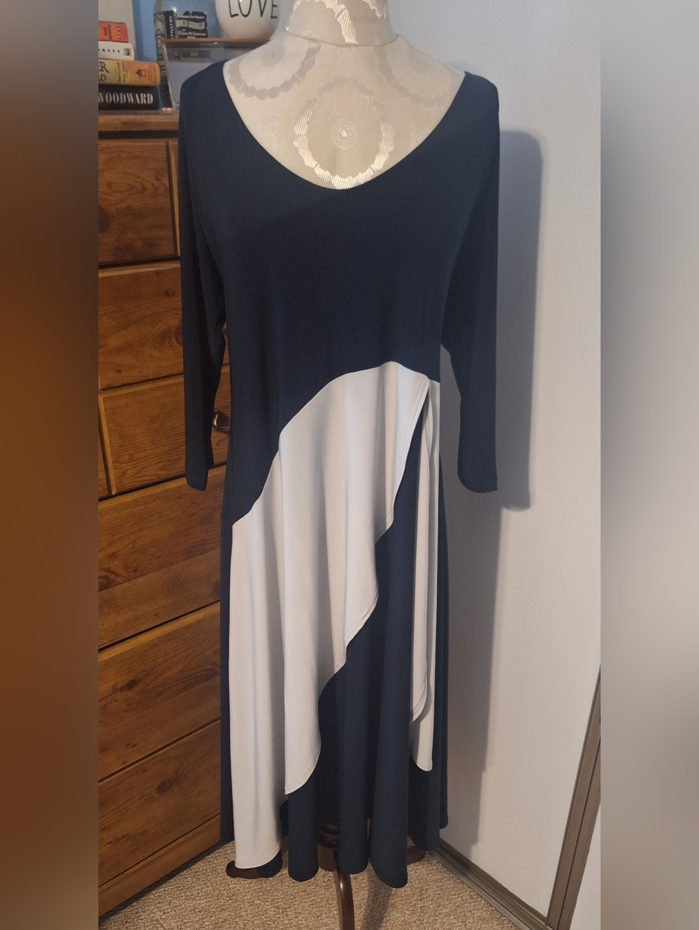 Sympli Navy and White Asymmetrical Midi Dress
